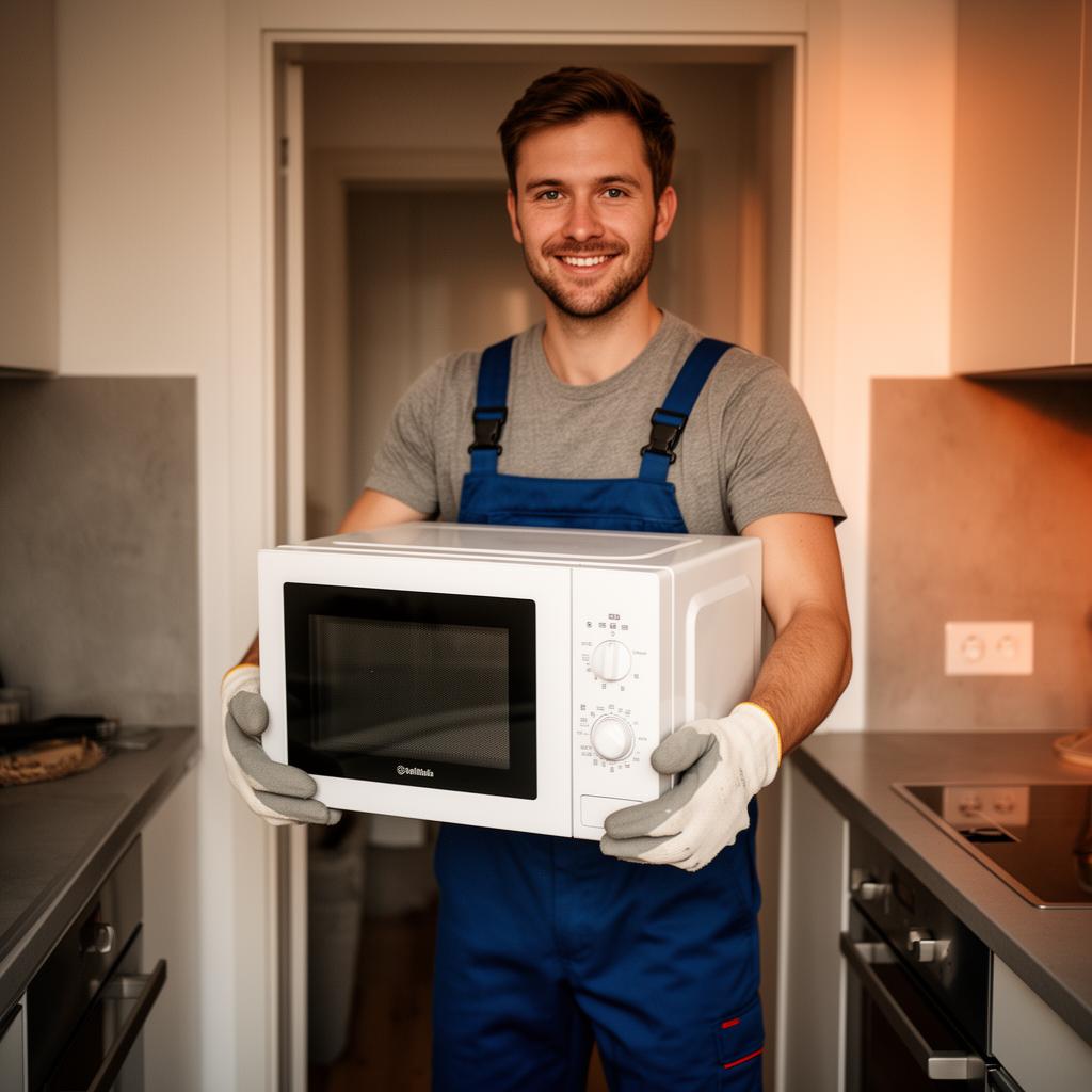 Techniker des Grün Reparaturdiensts holt eine alte Mikrowelle in einer Berliner Küche ab