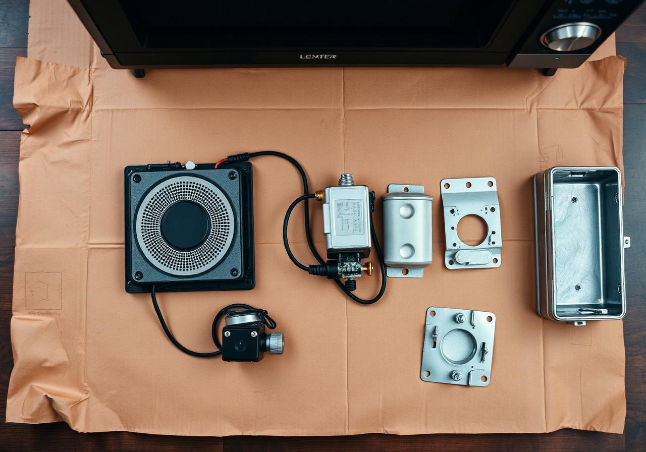 Demontierte Mikrowellen-Komponenten – Magnetron, Trafo und Gehäuse – sortenrein getrennt zum Recycling